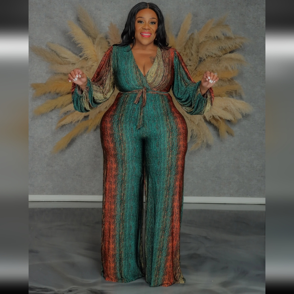 BNWT Green Multi Colored Jumpsuit W/Tie Belt